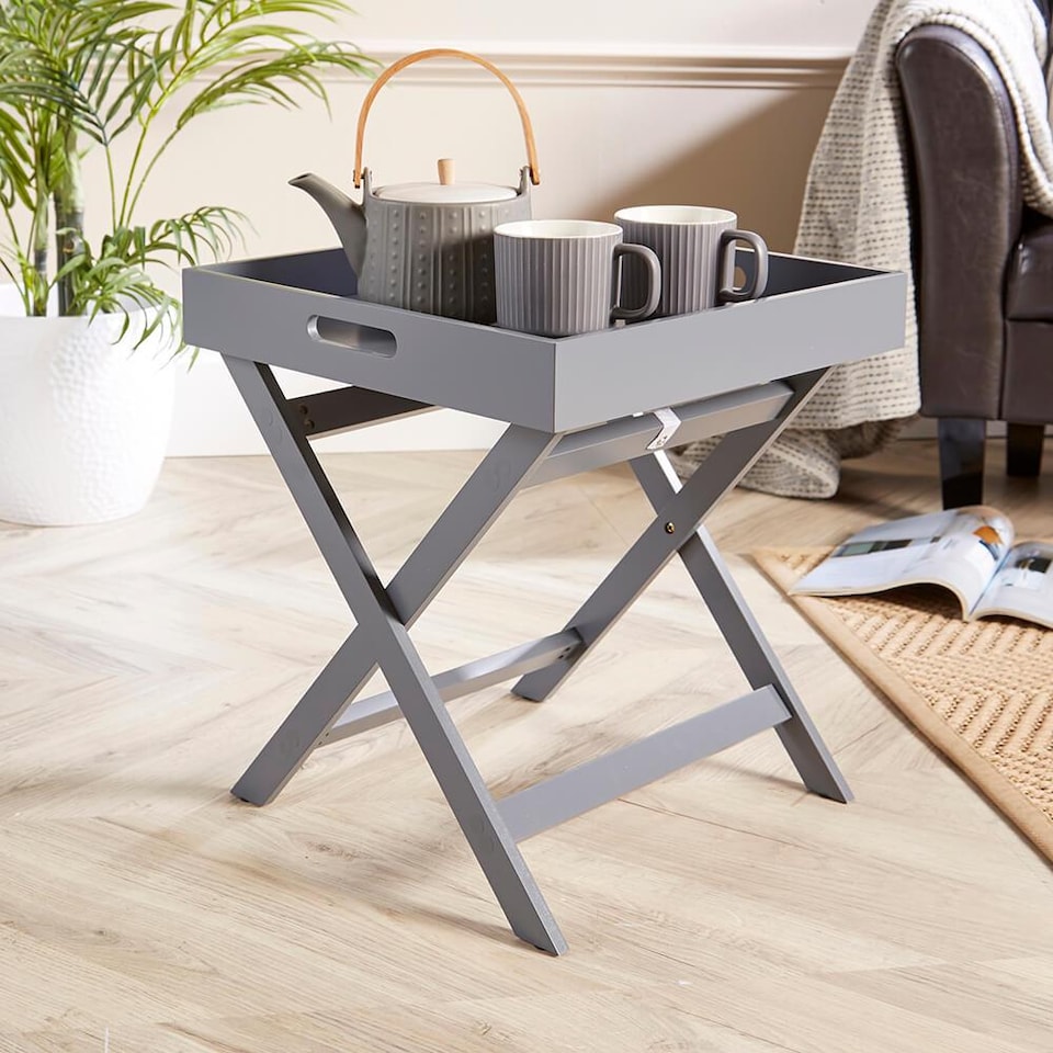 image 1 of Folding Butlers Side Table Portable Wooden Food Serving Tray | Grey