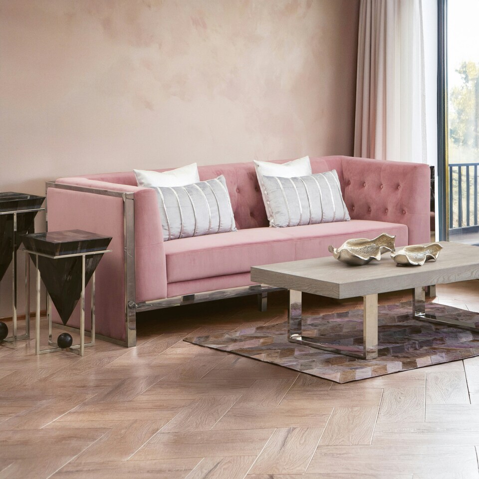 image 1 of Functional Sturdy 3 Seat Pink Velvet Sofa, Stylish Mid Century Sofa For Bedroom, Comfortable 3 Seater Sofa Pink