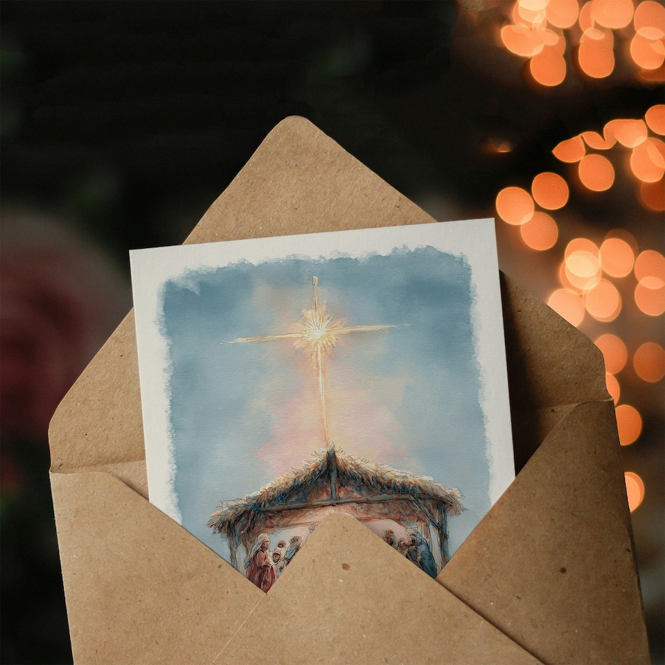 image 1 of Christmas Card Nativity Scene Glory To Newborn King Watercolour