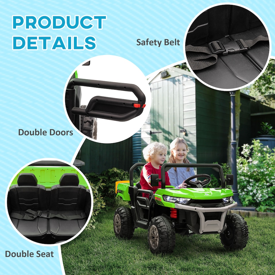 image 1 of HOMCOM Kids Ride on Car, Electric Car for Kids with Electric Bucket, 12V 2 Seater UTV with Shovel, Parental Remote, 4 Spring Suspension Wheels, Working Horn, Music - Green