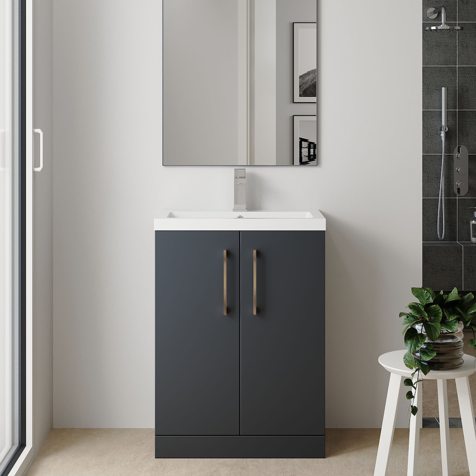 image 1 of Balterley Level Compact Bathroom Cloakroom Vanity Basin Unit with Ceramic Basin, Handles | Black | Satin Soft Black | 840 x 620 x 360mm