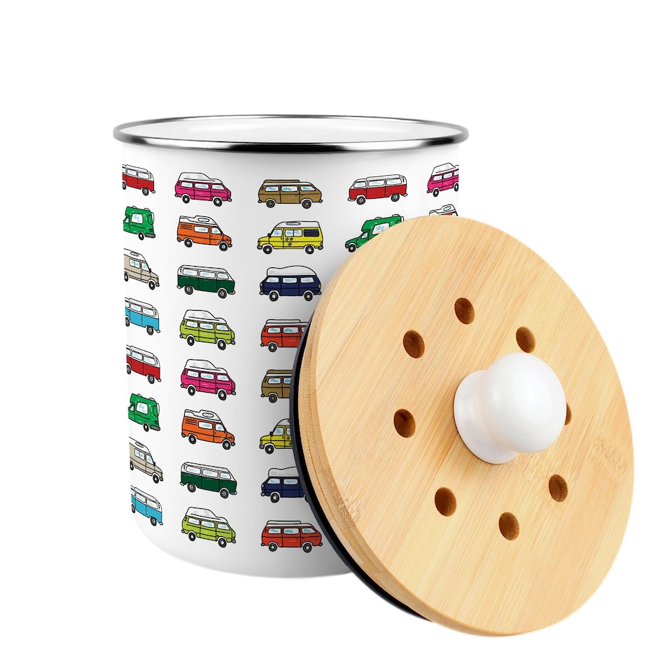image 1 of Campervan Print Food Waste Caddy - Metal 2L Decorative Kitchen Compost Bin