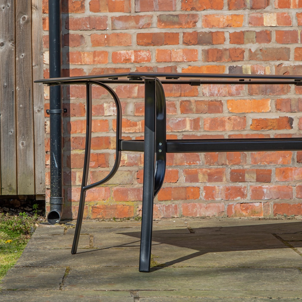 image 1 of 6 Person Rectangular Black Garden Patio Table with Glass Top & Parasol Hole