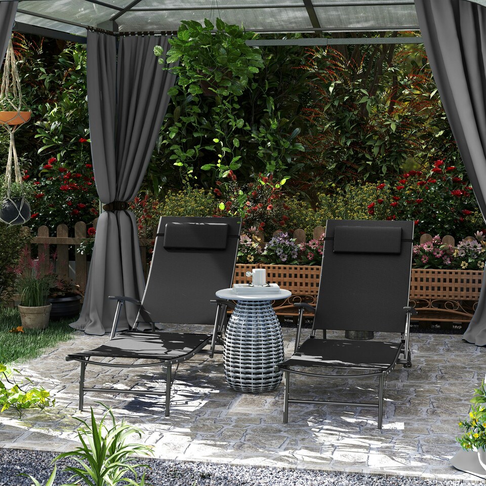 image 1 of Outsunny Set of 2 Garden Sun Loungers, Folding Chaise Lounge Chairs, Black 