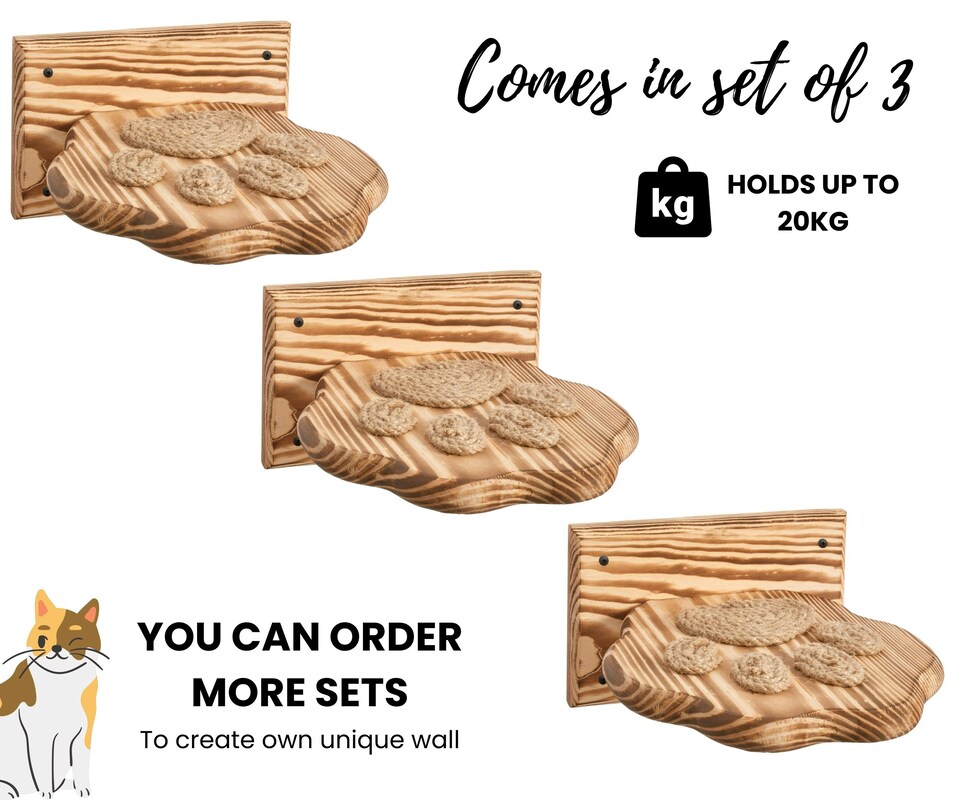 image 1 of NOVECRAFTO Paw Design Cat Wall Steps – Set of Solid Wood Wall-Mounted Shelves & Bridge Steps – Durable Cat Wall Furniture for Climbing & Play