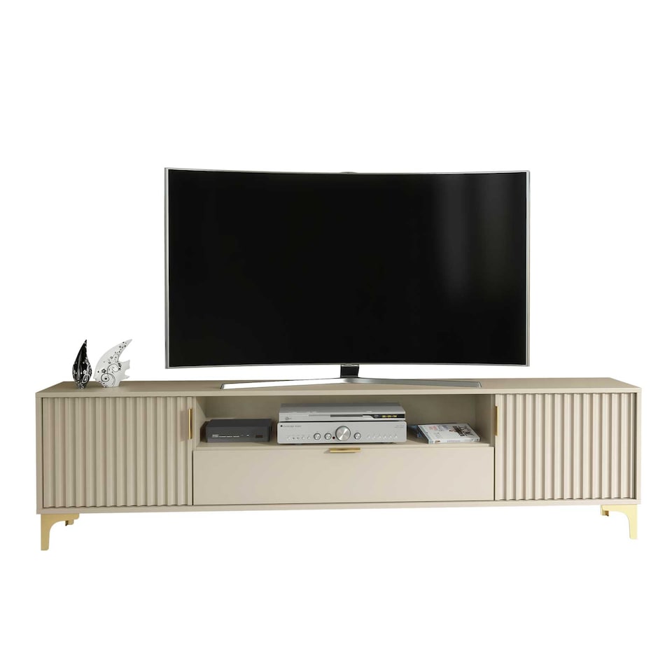 image 1 of TV Stand TV Unit Cabinet Sideboard Media Cabinet Cashmere Fluted Gold Legs 200cm