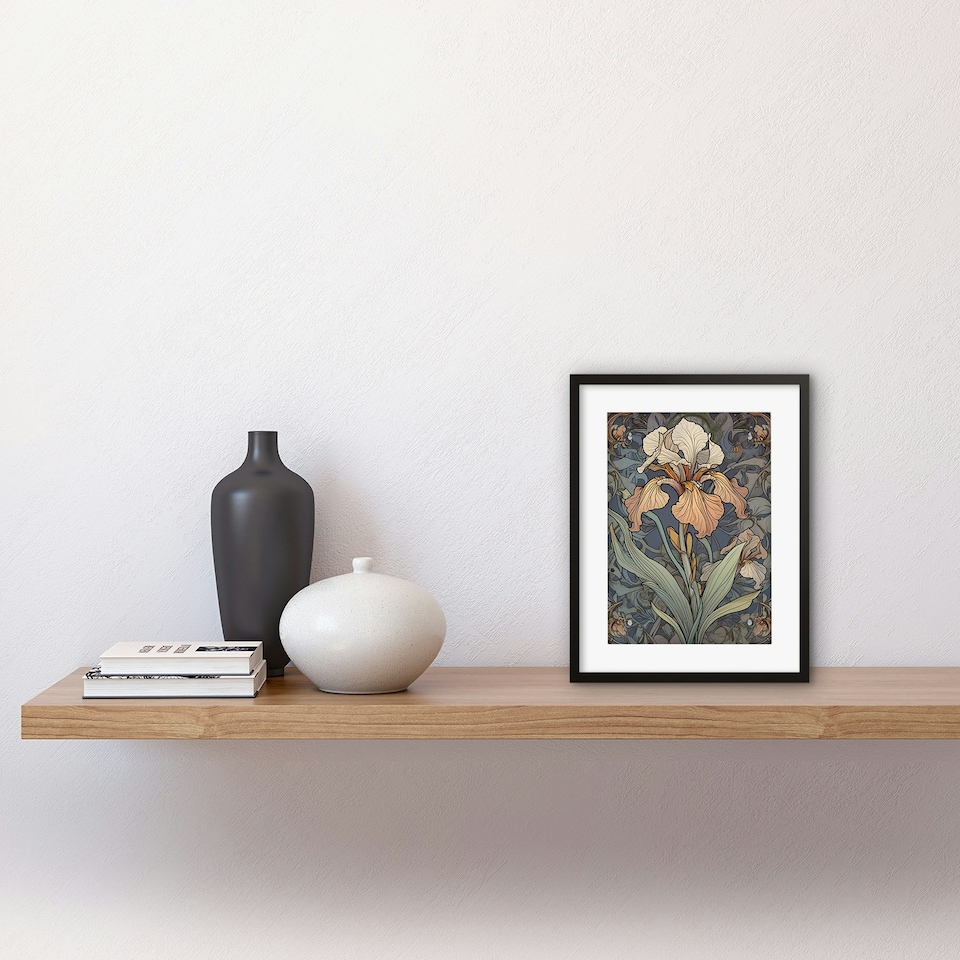 image 1 of Art Nouveau Style Iris Bloom Flower Watercolour 9x7" Black Framed Wall Art Print