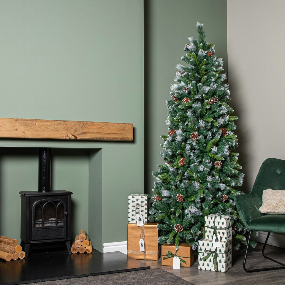image 1 of 7ft (2.1m) Frosted Glacier Pine Snow Tipped Christmas Tree with Pinecones and 956 Tips