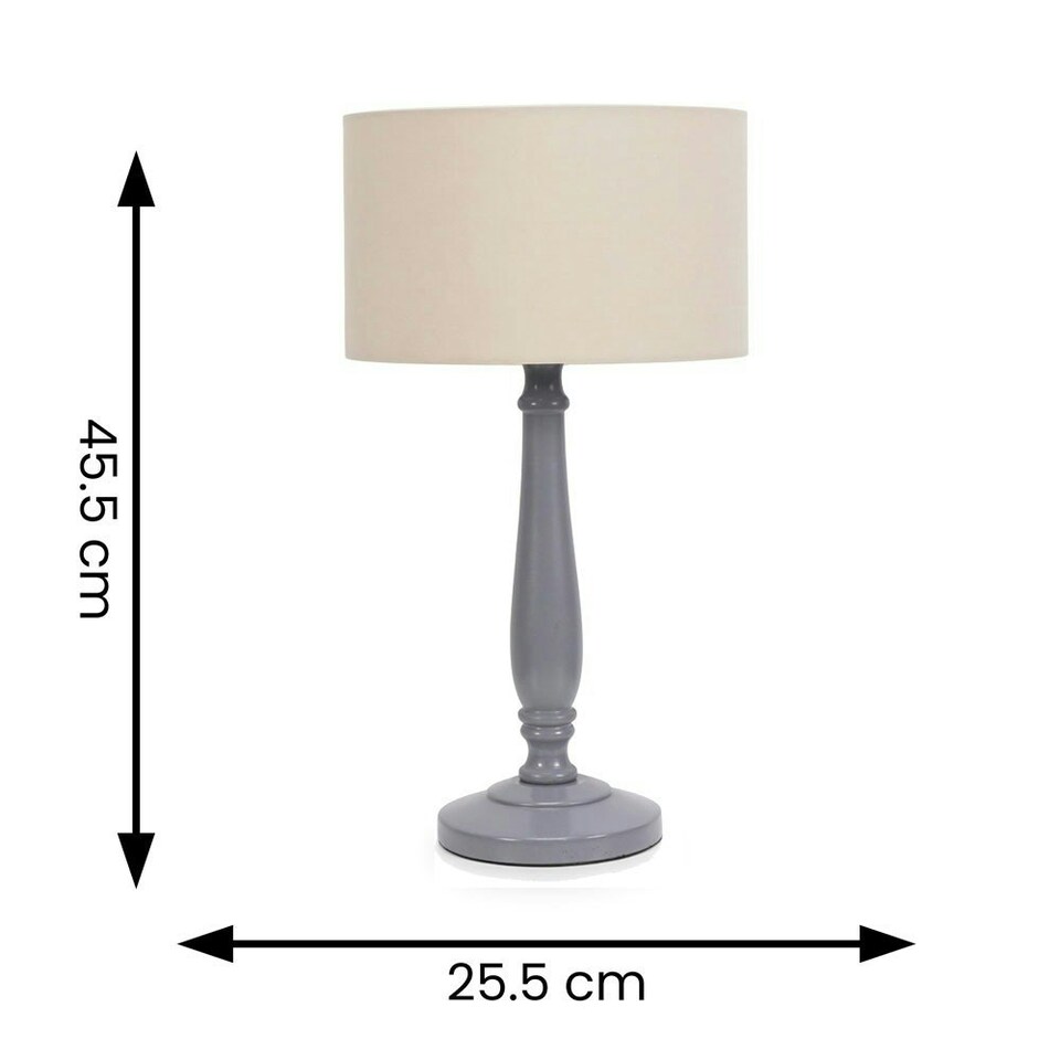 image 1 of ValueLights Victoria Grey Wood Traditional Stem Table Lamp with Natural Fabric Drum Shade and LED Bulb