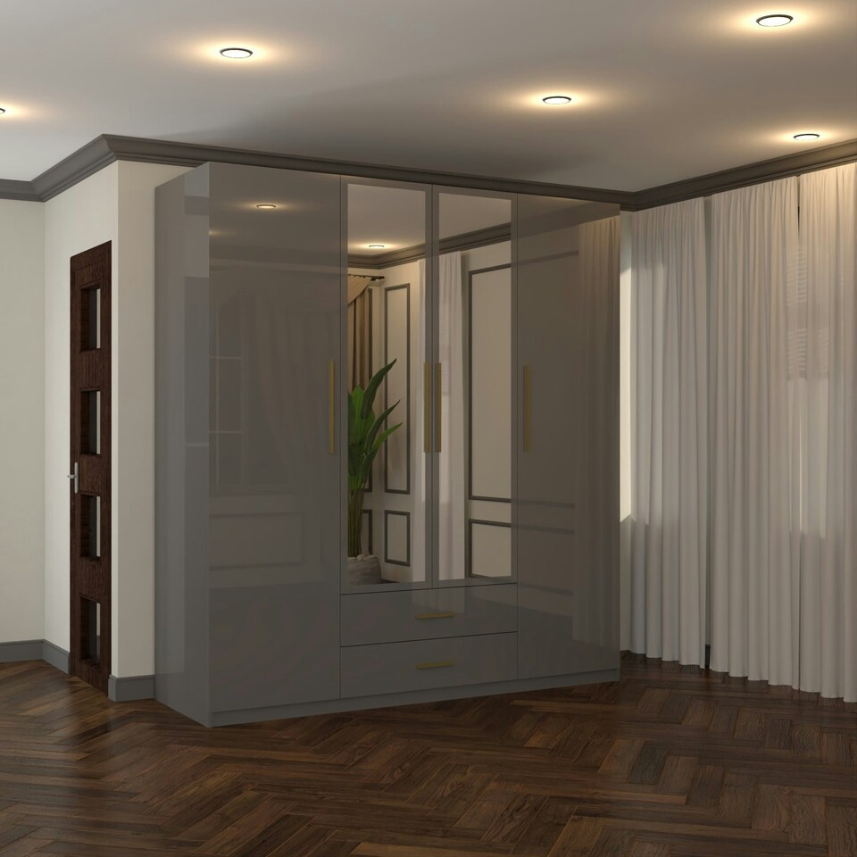 image 1 of Modern 4-Door High Gloss Wardrobe with Soft-Close Mirrors, Gold Accent Handles, Drawers & Shelves – 160cm Wide Grey | Grey 160cm