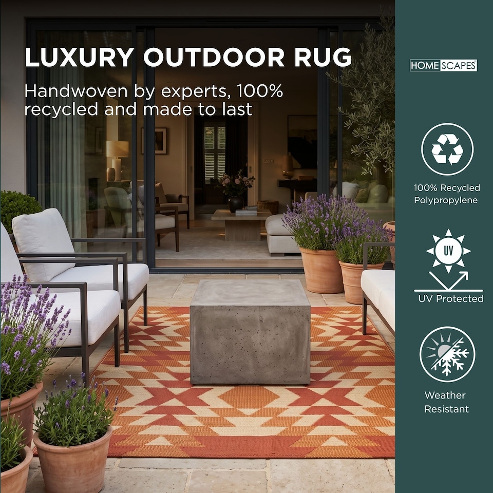 image 1 of Homescapes Outdoor Rug Luxury Waterproof Reversible Recycled, For Garden, Anya Aztec | Orange | Orange and White