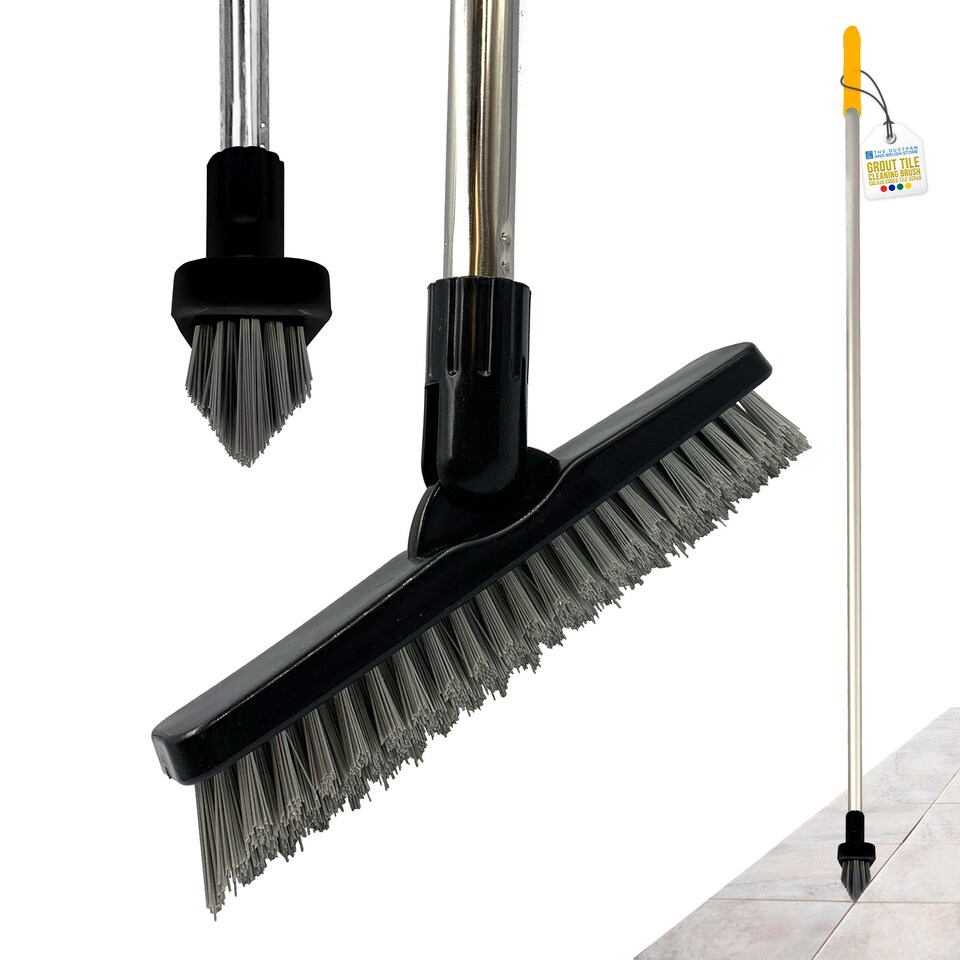 image 1 of Colour-Coded Angled Grout Brush with Handle 180° Swivel Tile & Corner Scrubber