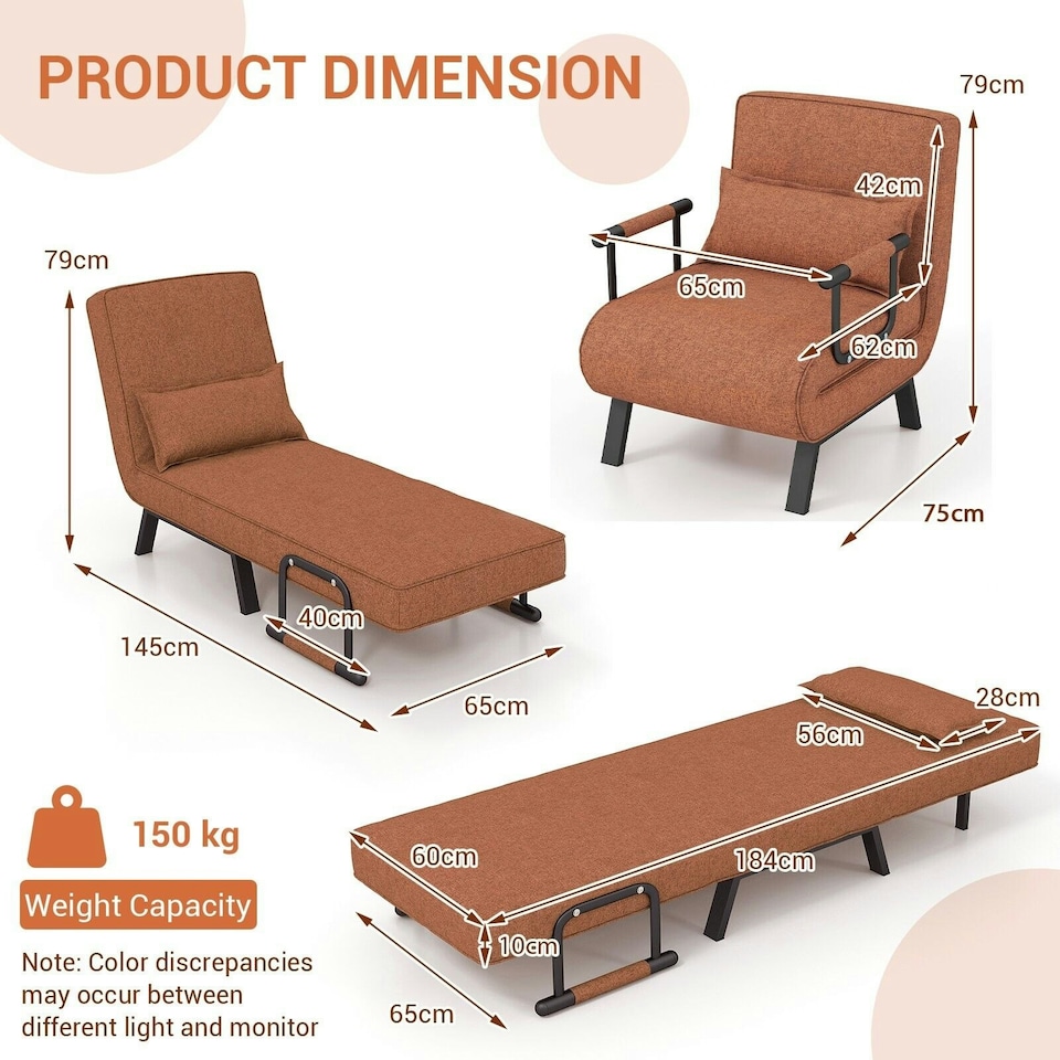 image 1 of COSTWAY Convertible Single Folding Sofa Bed Sleep Chair Brown Brown