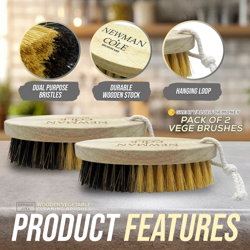 image 1 of Wooden Vegetable Brush Dual-Bristle Fruit & Potato Scrubber - Pack of 2