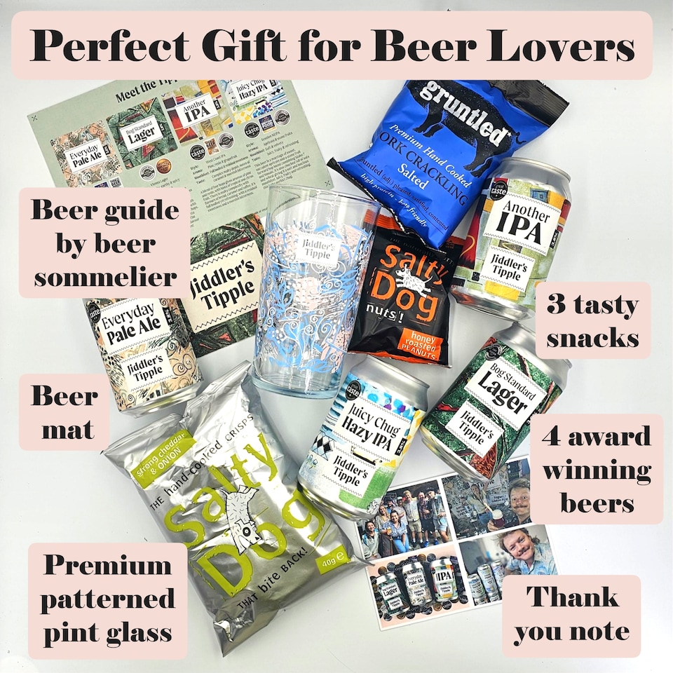 image 1 of Jiddler's Tipple Craft Beer & Snacks Gift Hamper for Men - The Ultimate Birthday Present - The Best Dad Gifts & Husband Gift Basket - 9 Pack Gift Hamper Basket