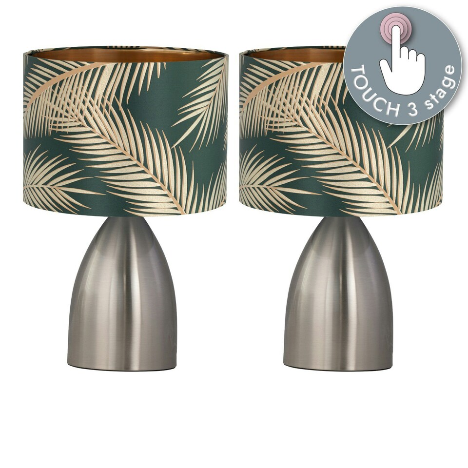 image 1 of First Choice Lighting Set of 2 Valentina Brushed Chrome Touch Lamps with Green Embossed Shades Silver | Green