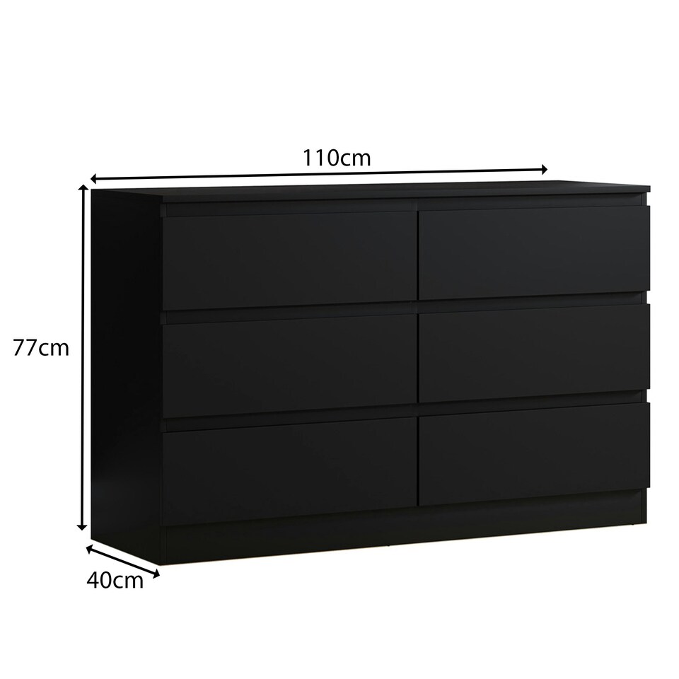 image 1 of FWStyle Carlton 6 Drawer Wide 3+3 Chest Of Drawers - Matt Black
