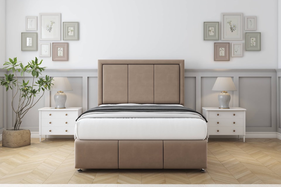 image 1 of Sloomy Lancaster Mink Plush Divan Bed Base 2 Drawers Right Side With 26 Inch Strutted Headboard & 12 Inch Matching Footboard | Brown | Mink | King | 1