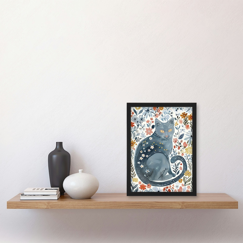 image 1 of Cat Lover Russian Blue with Bright Wildflowers Black Framed Wall Art Print A4