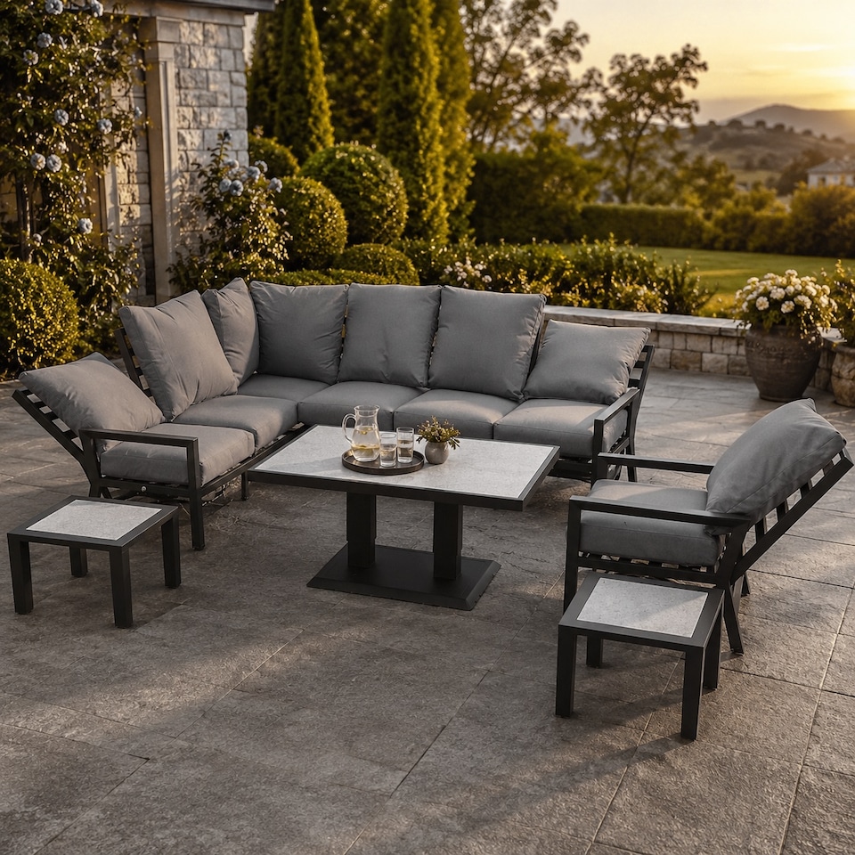 image 1 of Monte Carlo 7 Seater Aluminium Reclining Corner Garden Sofa Set with Gas Lift Table, Armchair & Grey Cushions