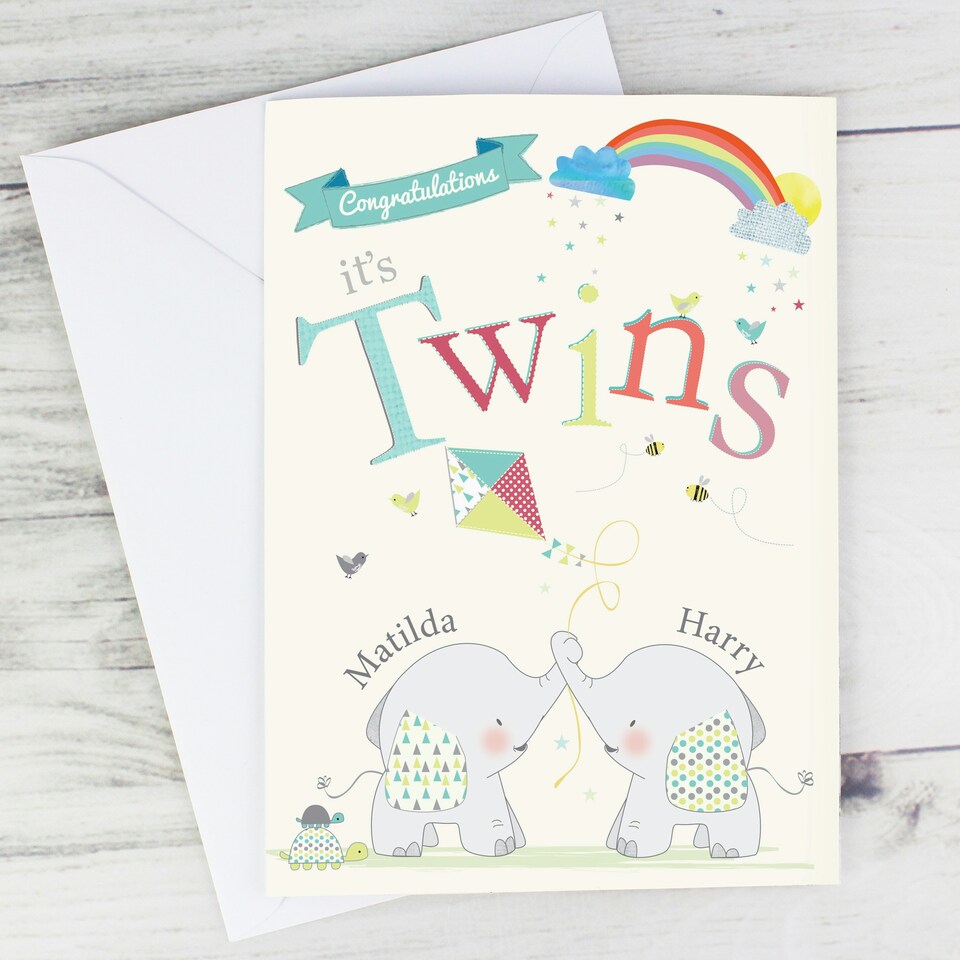 image 1 of Personalised Hessian Elephant Twins Card