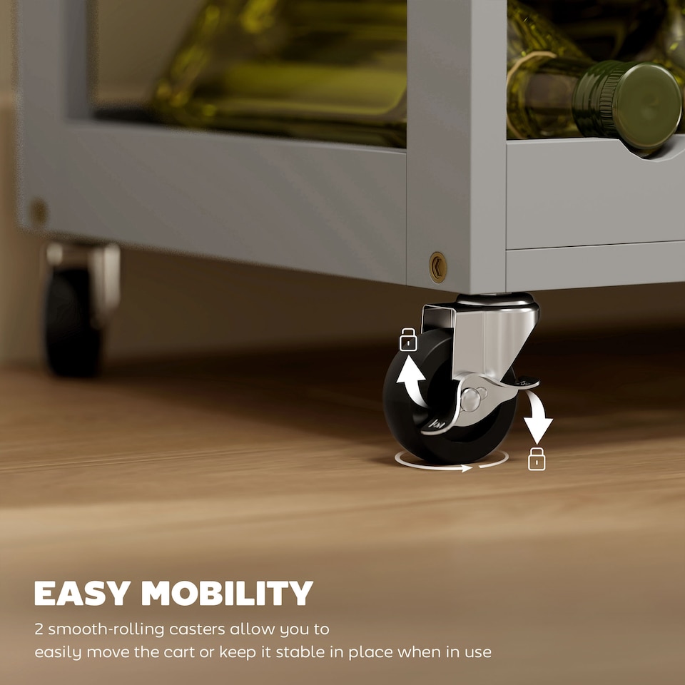 image 1 of HOMCOM Modern Kitchen Trolley, Rolling Island Storage Cart with Drawer, 9-bottle Wine Rack, Door Cabinets, Wooden Countertop, Grey