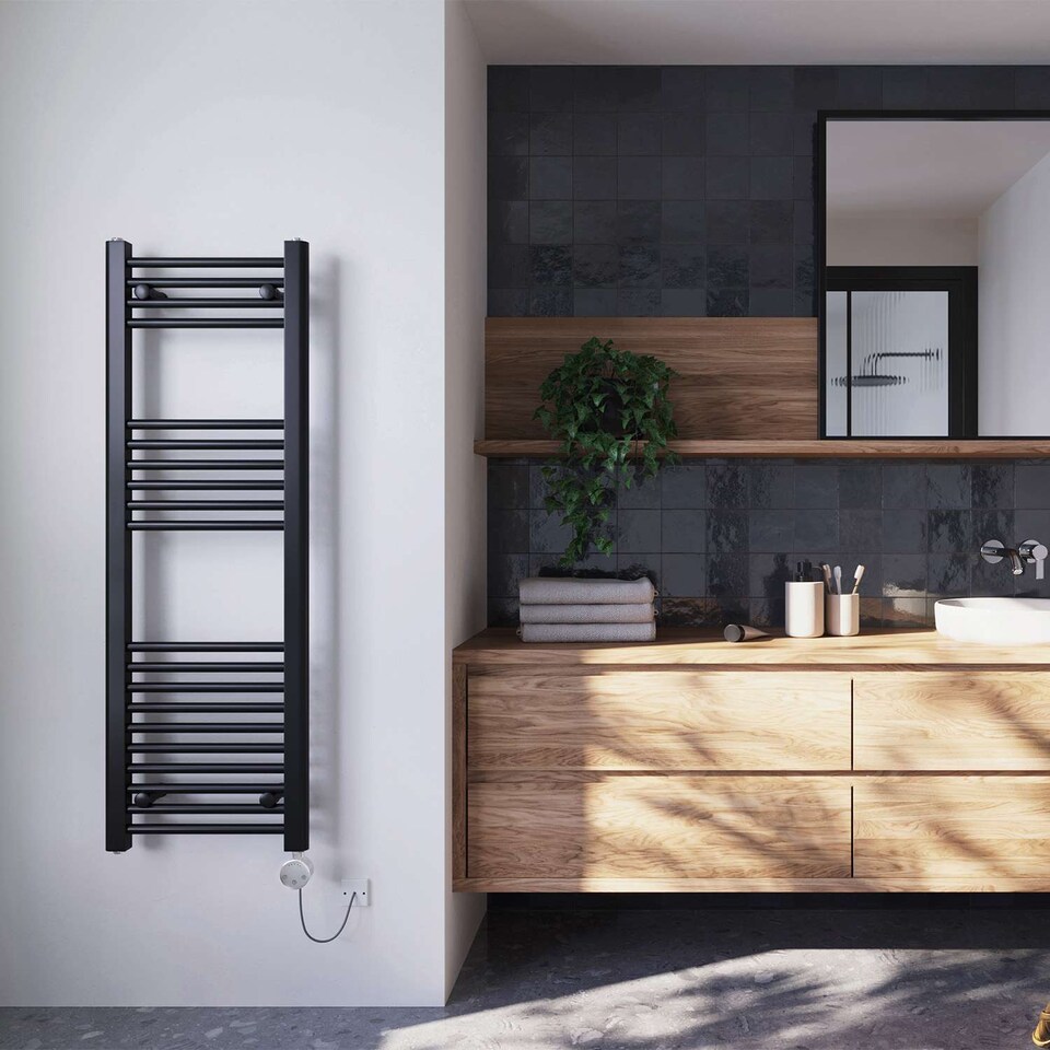 image 1 of Zennor - Black Electric Towel Rail H1200mm x W400mm Straight 400w Thermostatic