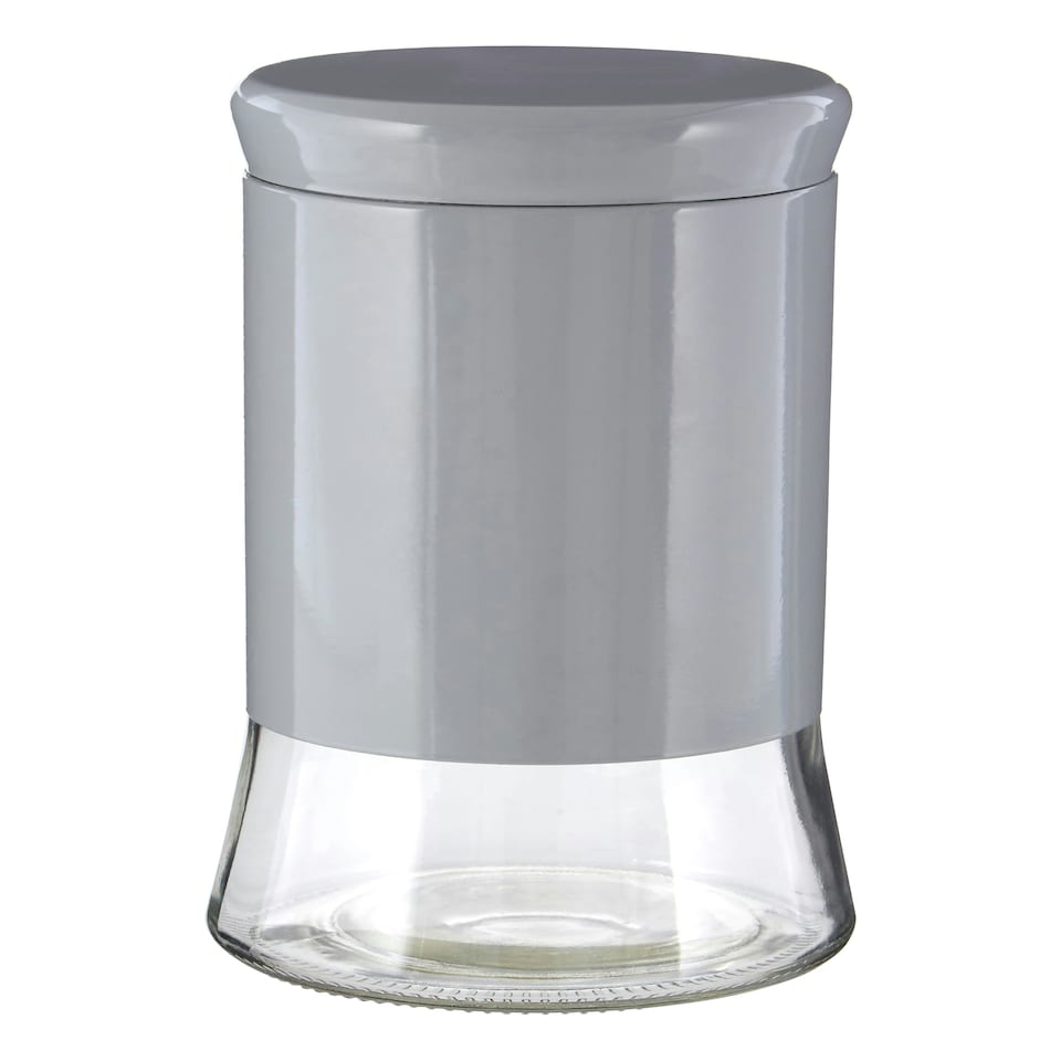 image 1 of Interiors by Premier Grey Steel Wrap Glass Storage Jar, 1500ml Capacity, Modern Design with Grey Steel Lid, Kitchen Storage