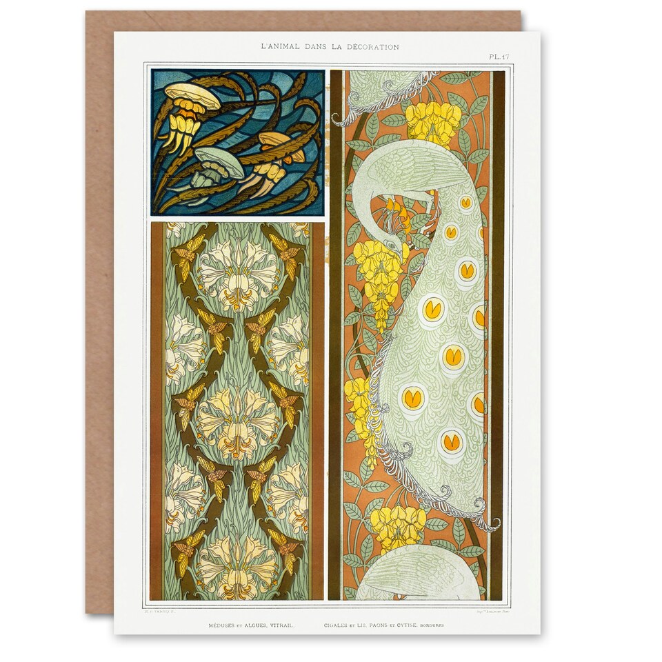 image 1 of Maurice Pillard Verneuil Art Card Peacock Jellyfish Lily Art Nouveau Patterns