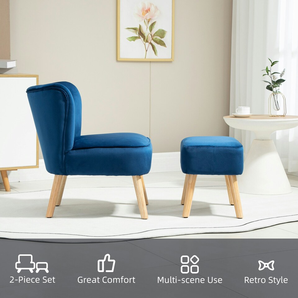 image 1 of HOMCOM Velvet-Feel Accent Chair w/ Ottoman Tub Seat Padding Wood Legs Dark Blue