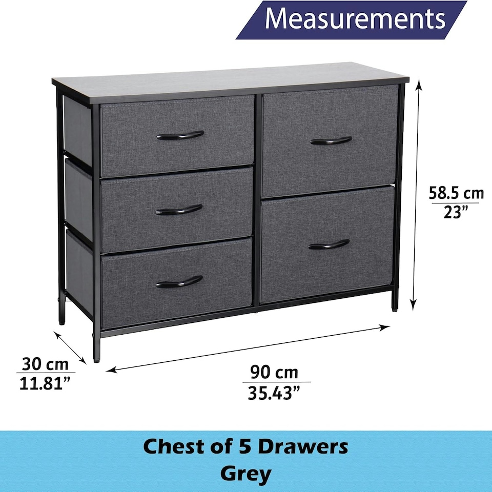 image 1 of Chest of 5 drawers bedroom Black storage unit wooden metal frame tv stand dresser