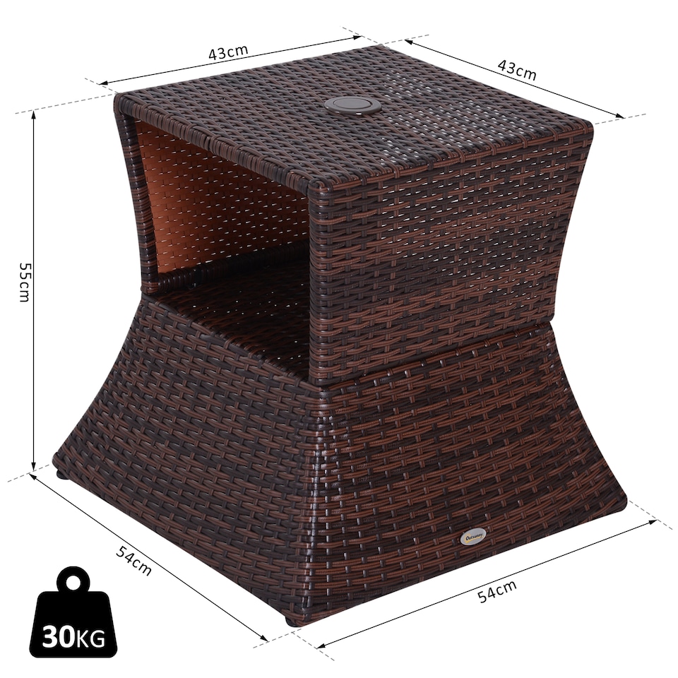 image 1 of Outsunny Rattan Outdoor Coffee Table, Wicker Garden Patio Bistro Side Table with Umbrella Hole and Storage Space for Balcony, Porch, Brown