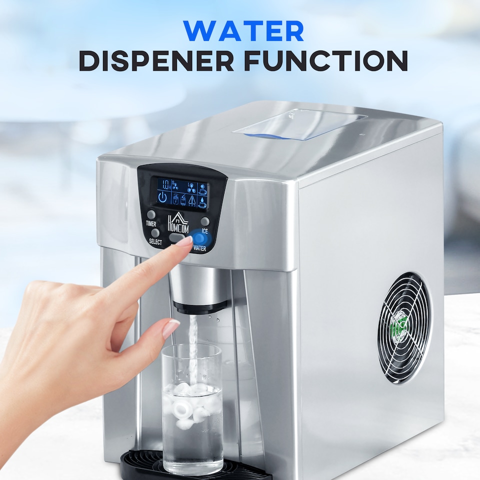 image 1 of HOMCOM 3L Ice Maker Machine and Water Dispenser, 12kg in 24H, 2 Size Options 9 Ice Cubes Ready in 6-10 Mins Countertop Ice Machine for Home, Kitchen, Office, Bar, Silver