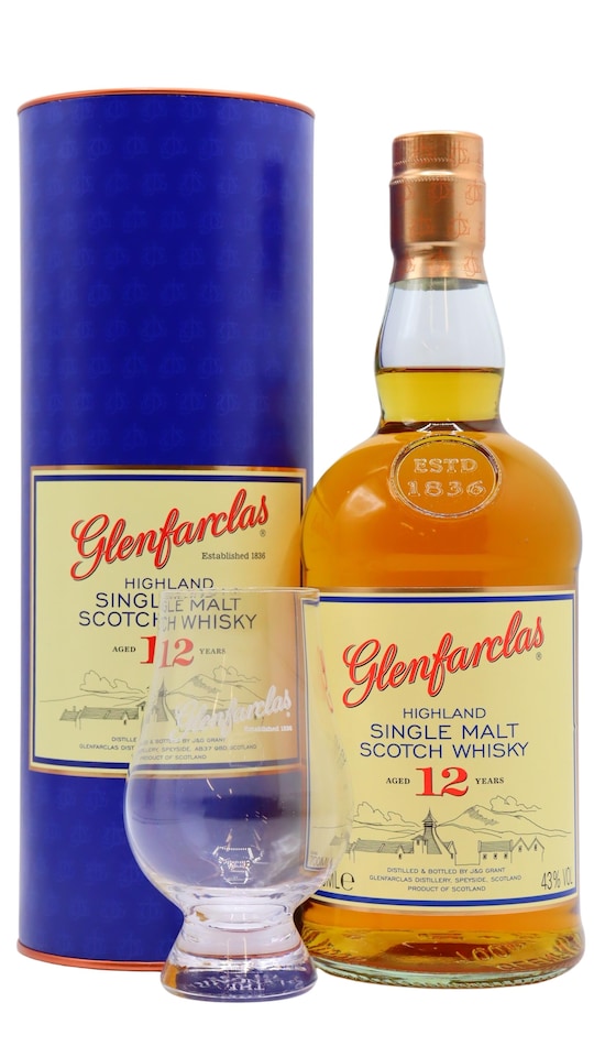 Glenfarclas Highland Single Malt Scotch 12 year old Whisky Includes Glencairn Glass