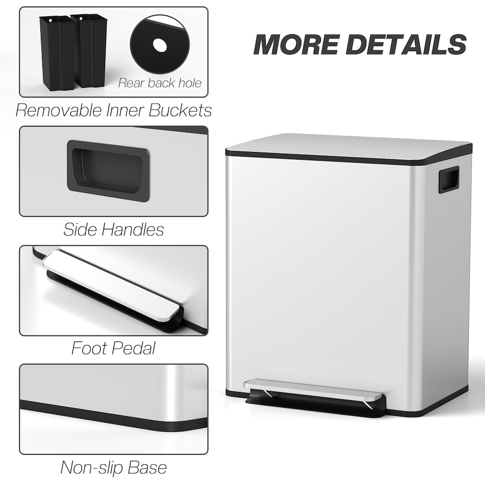 image 1 of HOMCOM Dual Kitchen Bin, 2 x 25L Stainless Steel Double Pedal Bin with Soft-Close Lid, Removable Inner Buckets and Handles for Recycling and Waste, Silver