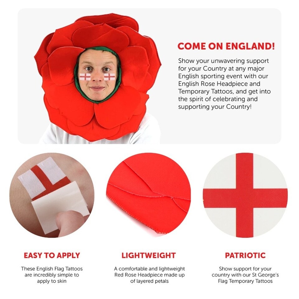 image 1 of Pack of 12 English Rose Hat & Temporary Tattoo Red | One Size