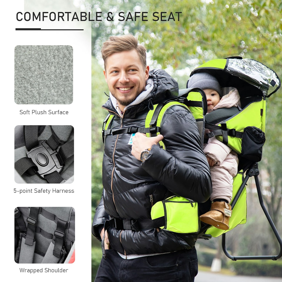 image 1 of HOMCOM Baby Hiking Backpack Carrier w/ Detachable Rain Cover for Toddlers Green Green | One Size
