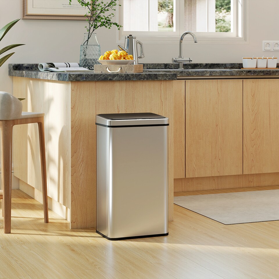 image 1 of HOMCOM Kitchen Bin with Fast Motion Sensor, 50L Stainless Steel Sensor Bin | Silver