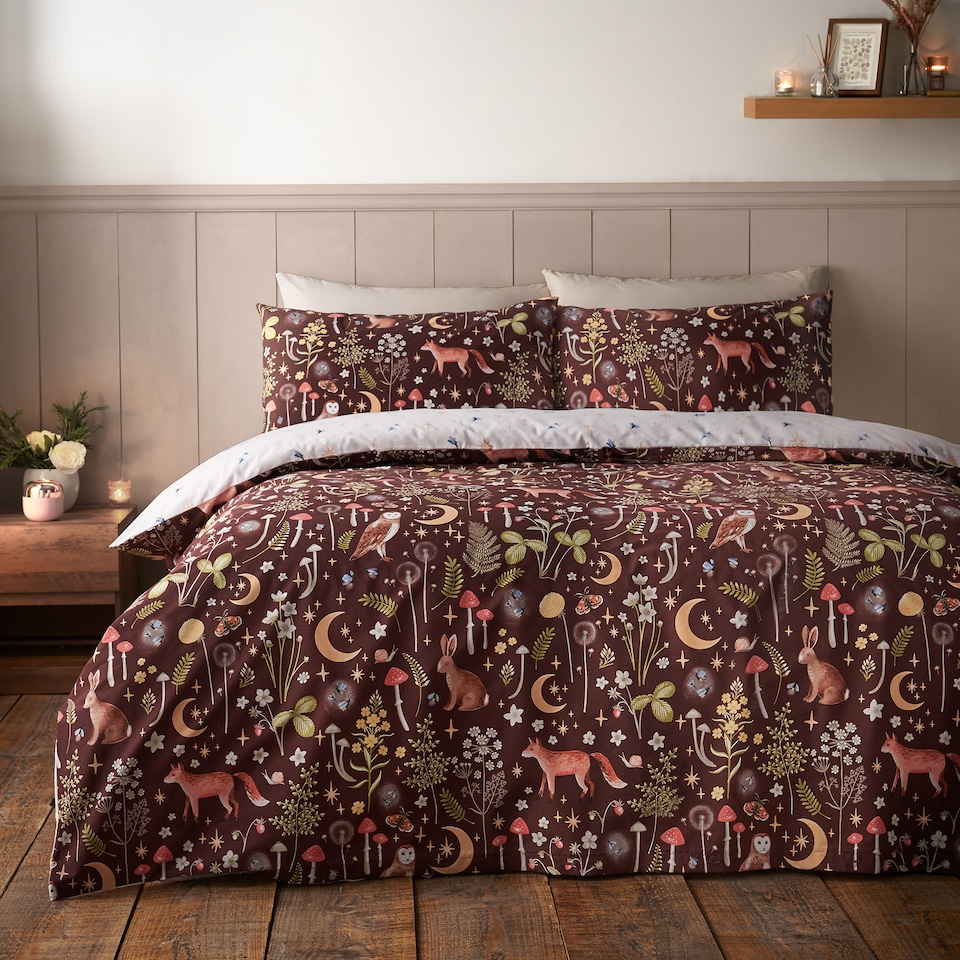 image 1 of Catherine Lansfield Enchanted Twilight Animals Reversible Duvet Cover Set | Brown | Chocolate | Single