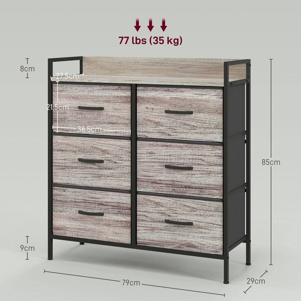 image 1 of HOMCOM Bedroom Chest of Drawers 6 Drawer Dresser w/ Shelf, Grey Wood Effect
