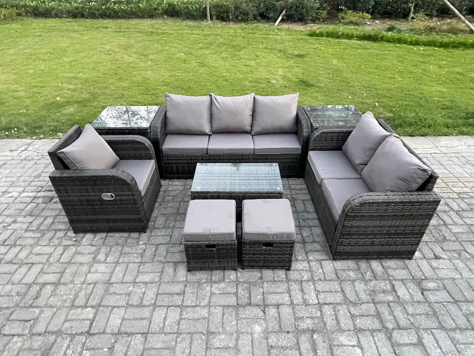 image 1 of Fimous Outdoor Garden Furniture Sets 8 Pieces Wicker Rattan Furniture Sofa Sets with Rectangular Coffee Table Loveseat Sofa 2 Small Footstools 2 Side Tables