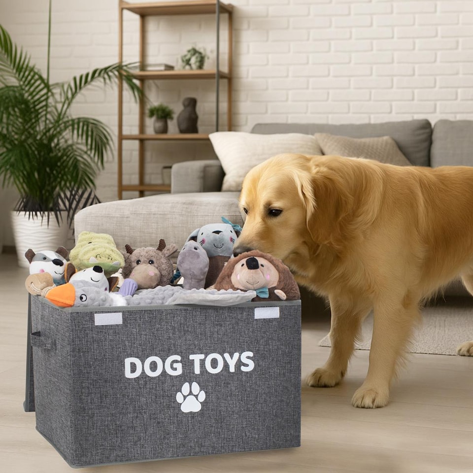 image 1 of Dog Toy Box Foldable With Handles & Lid Pet Puppy Collapsible Organiser Storage
