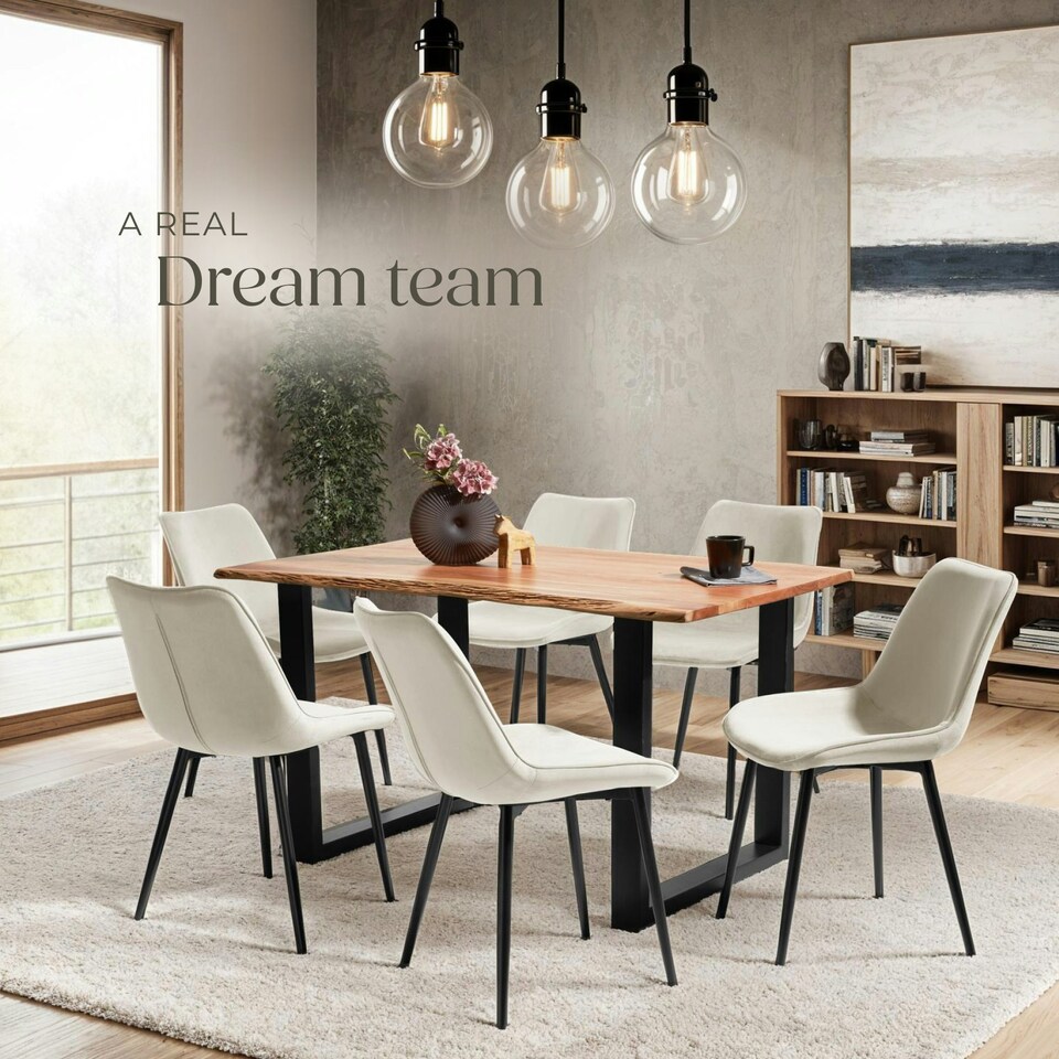 image 1 of Dining Chair Monroe - padded, velvet look, ergonomic seat, black steel legs - Set of 4 Cream