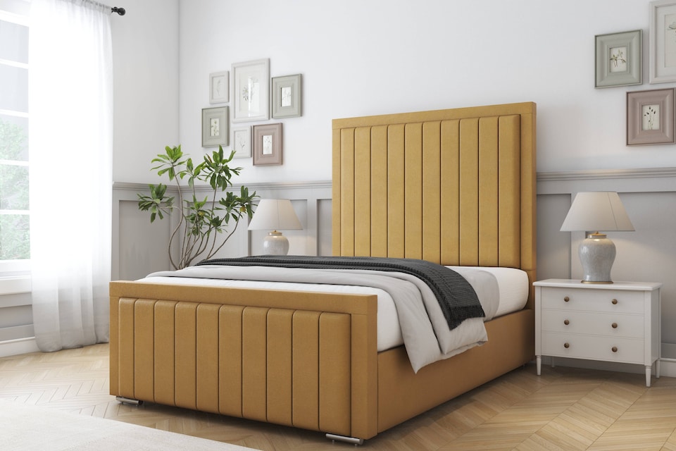 image 1 of Sloomy Pemberton Mustard Plush Bed Frame With Mattress With 50" Upholstered Headboard 2'6 Small Single