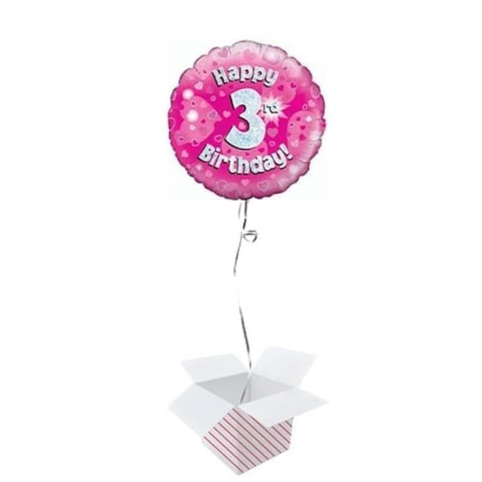 Pink Happy 3rd Birthday Holographic Round Foil Helium Balloon - Inflated Balloon in a Box