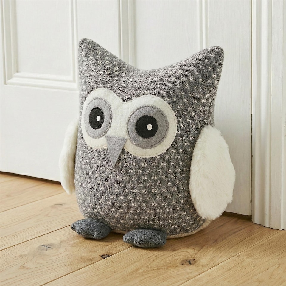 image 1 of GEEZY Novelty Owl Door Stop with Fluffy Wings, Soft Grey Decorative Stopper