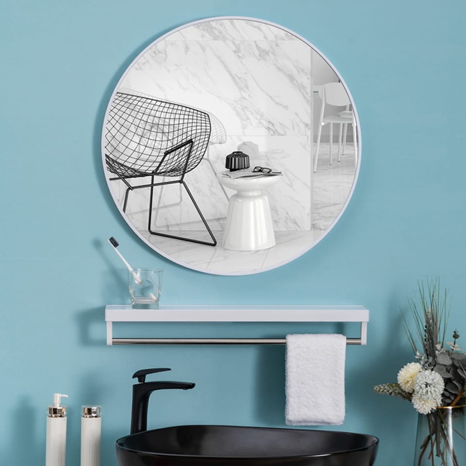 image 1 of Living and Home 60cm Nordic Round Bathroom Wall Mirror | White | 60cm