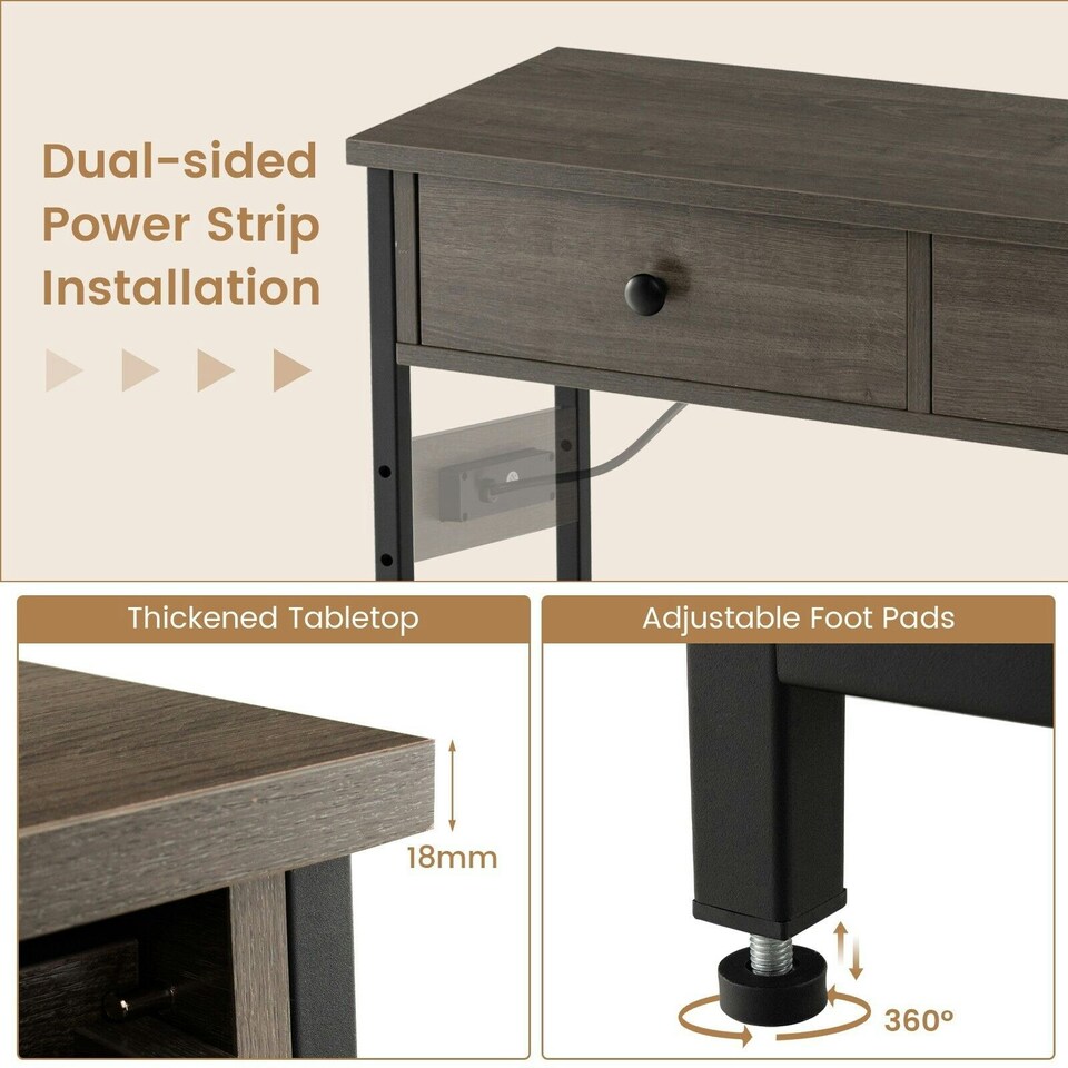 image 1 of COSTWAY Entryway Narrow Console Table w/Charging Station Brown
