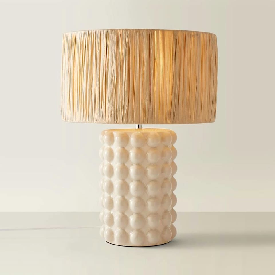 image 1 of ValueLights Kiran Ceramic Stone Bubble Table Lamp Raffia Shade