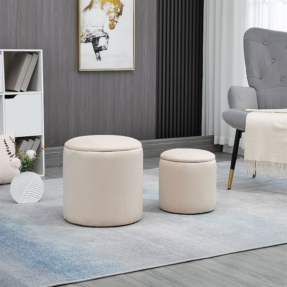 image 1 of HOMCOM Set of 2 Round Ottoman with Storage, Fabric Vanity Stool for Makeup, Footrest Stool with Removable Lid for Living Room & Bedroom, Cream White